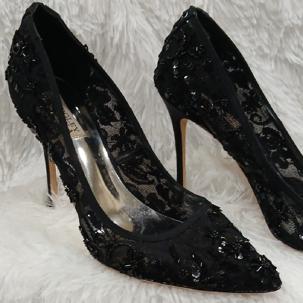 Badgley Mischka Black Sequin Lace Heels - Picture 2 of 9